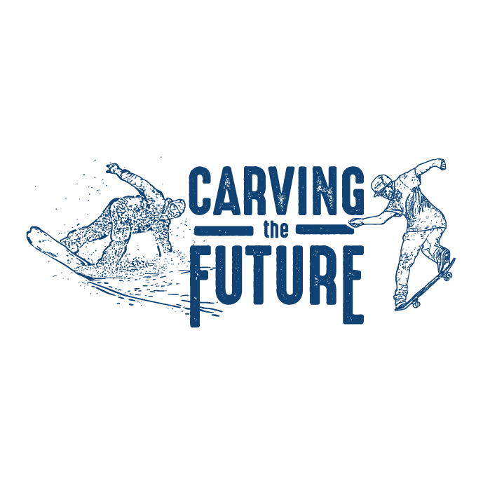 Carving the Future logo design with snowboarder and skateboarder on design