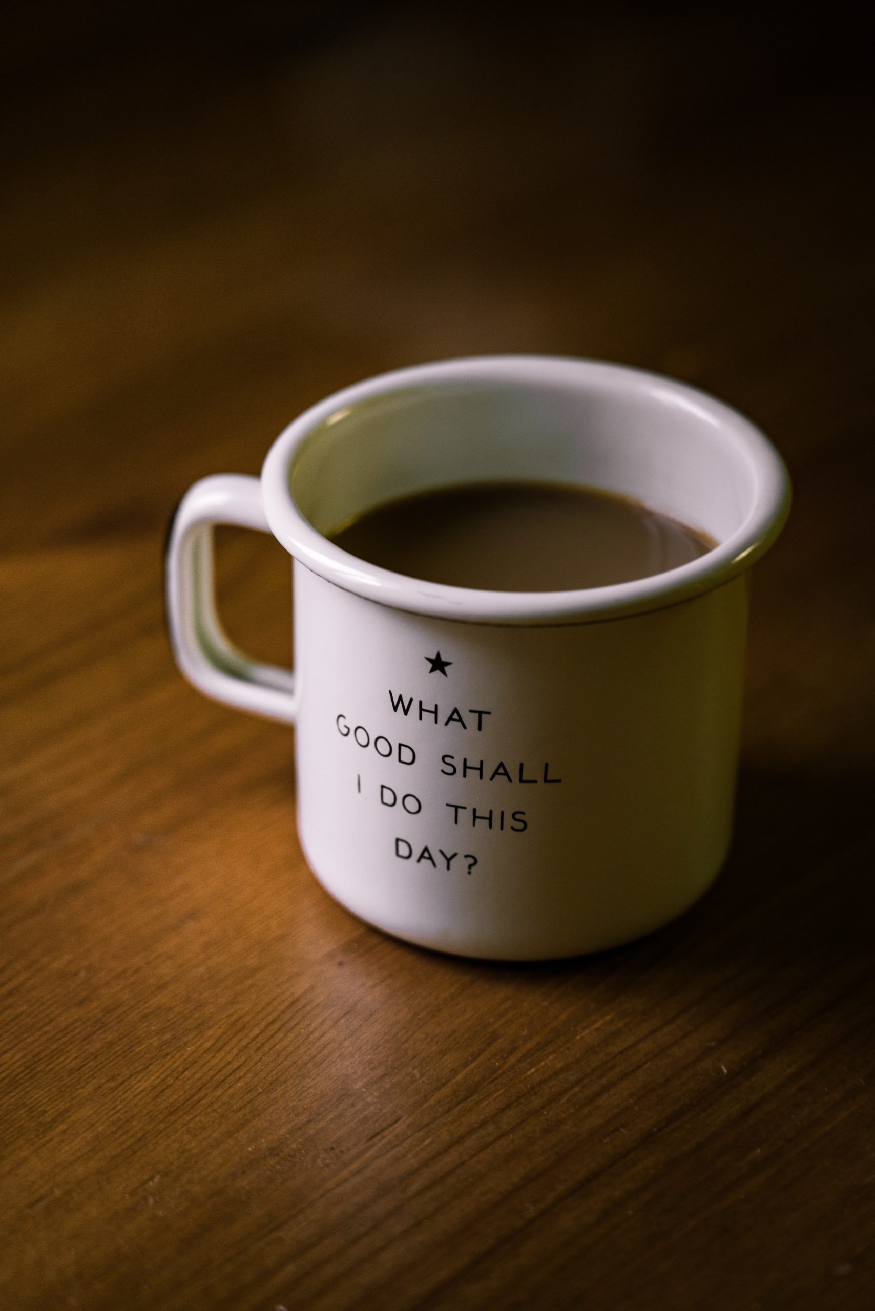 "What Good Shall I Do This Day" written on a mug sitting on a table