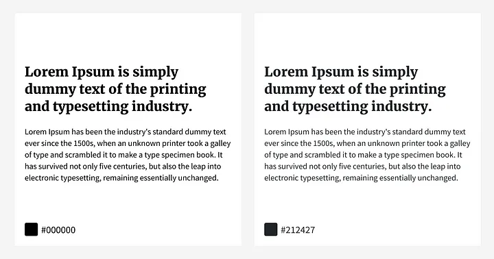Lorem Ipsum typesetting examples and color adjustments with black vs dark grey in an image.