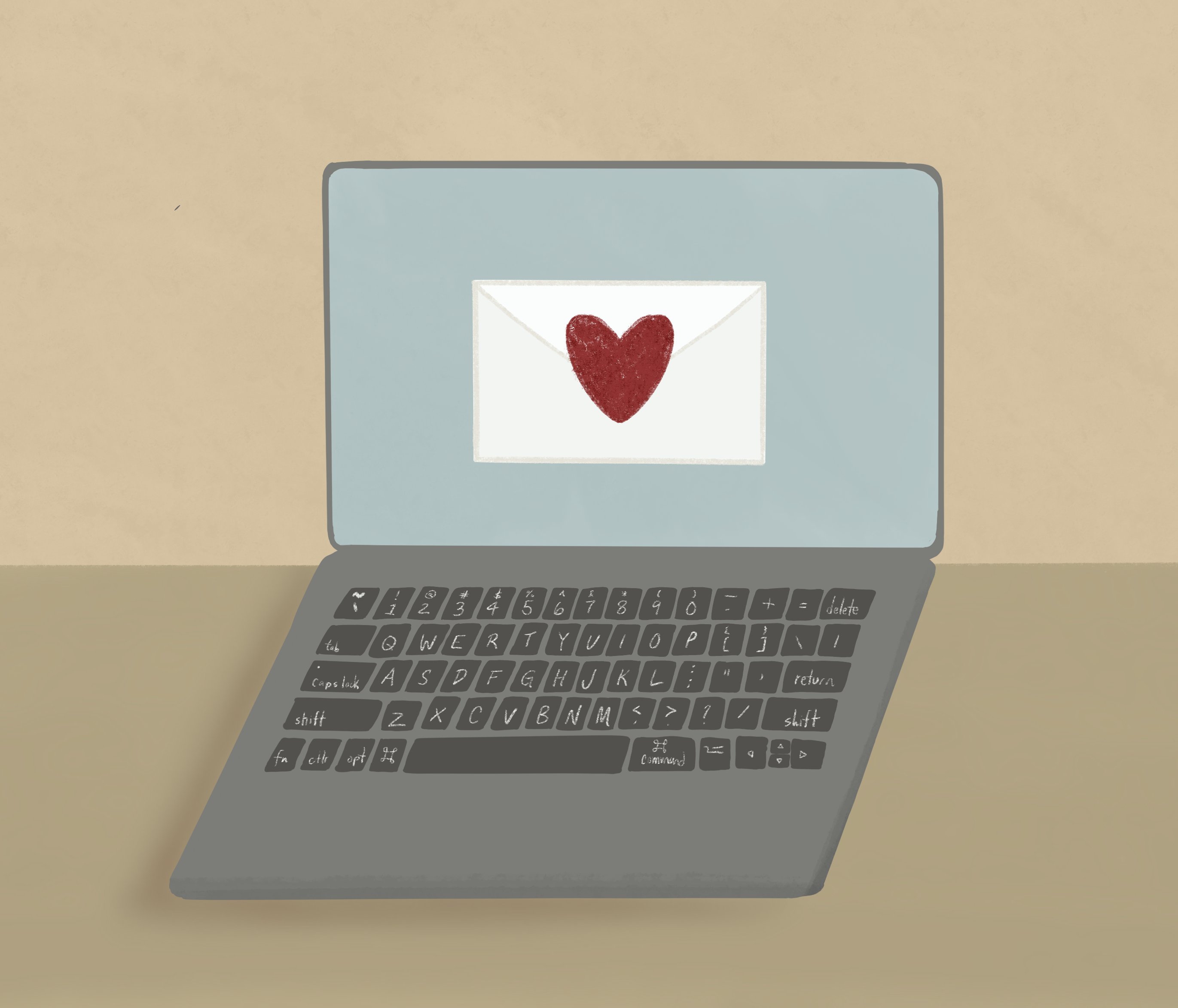 Email marketing graphic with a heart over an envelope on an illustrated laptop screen