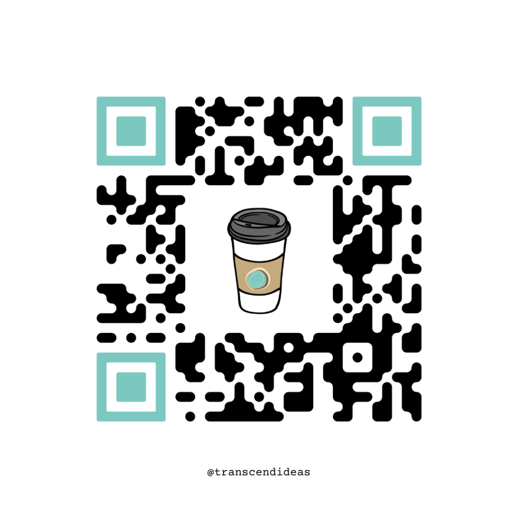 Let's Get Coffee graphic with cup of coffee in QR code for Transcend Ideas