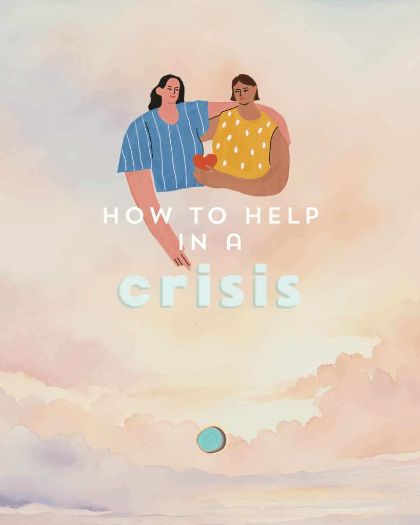 TI Branded Graphic: 2 illustrated characters pointing to the words "How to Help in a Crisis"